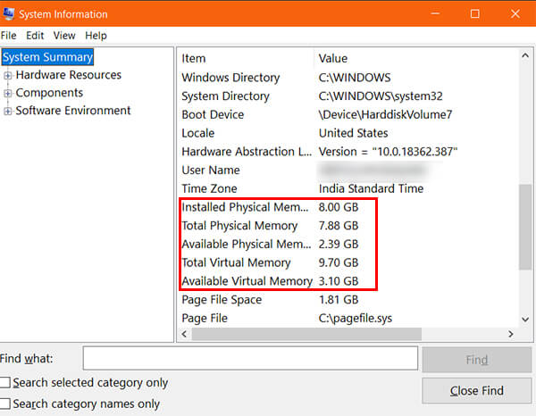 Check RAM on Windows 10 using System Information