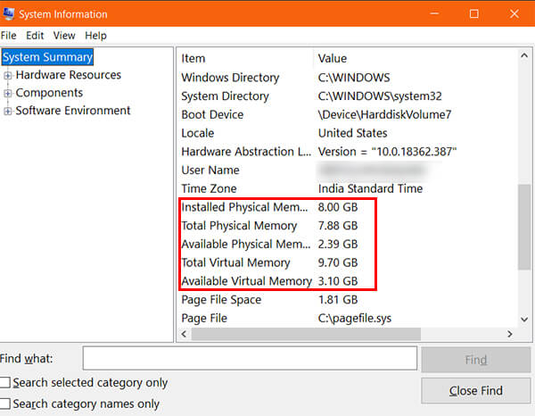 how to find ram in windows 10