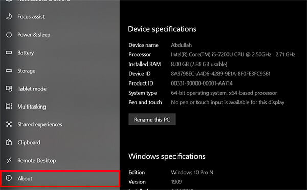 How to check RAM on Windows 10 from Settings About