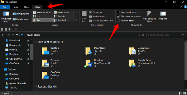 view hidden files windows 10