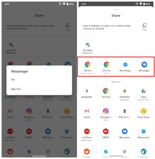 pin apps to share menu Android R new feature 