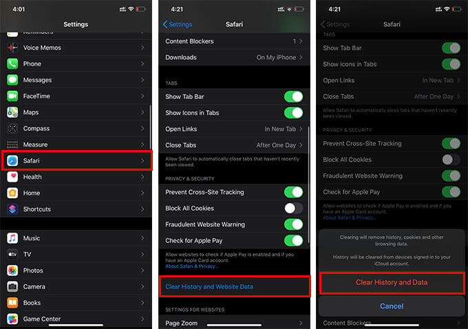Clear History and Website Data from Safari on iPhone