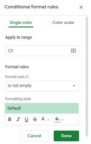 Google Sheet conditional formatting window