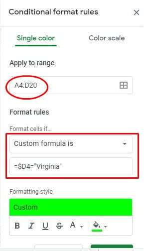 Google sheet conditional formatting custom formulas