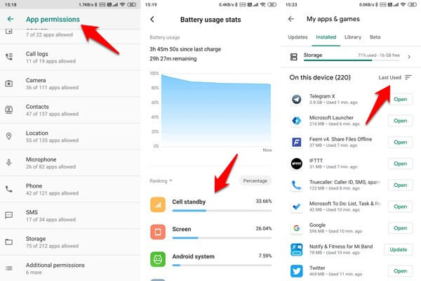checking app permissions, battery usage, play store last usage