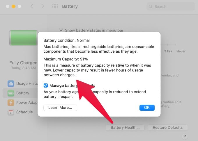 macOS BigSur Battery Health Status Screen