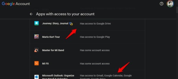 Google My Account app permissions page