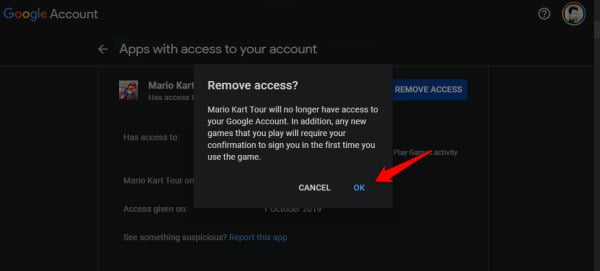 confirmation dialogue on revoking app access in google my account