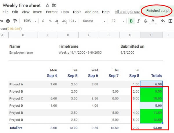 Google sheet macro result