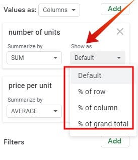 Google sheet pivot table values percentage