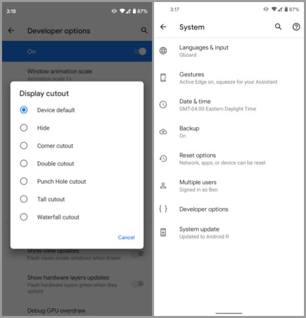 Android 11-Simulate punch hole waterfall display