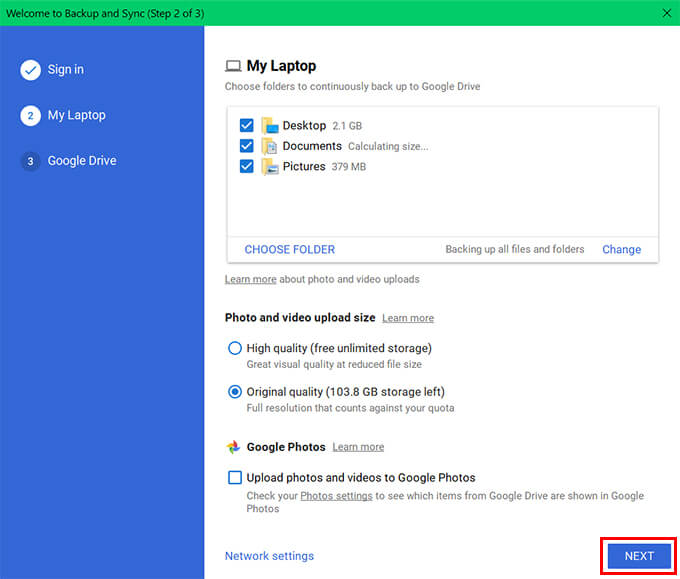 Choose folders to sync with Google Backup and Sync to Google Drive