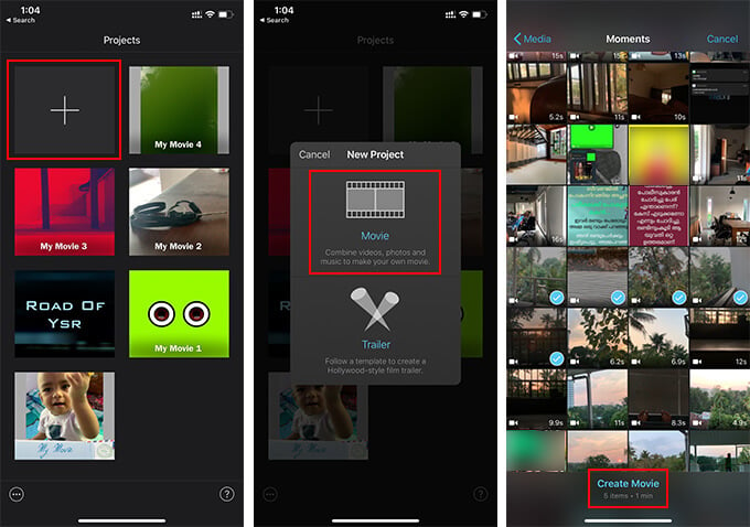 Create new Project in iMovie on iOS to Combine Videos on iPhone