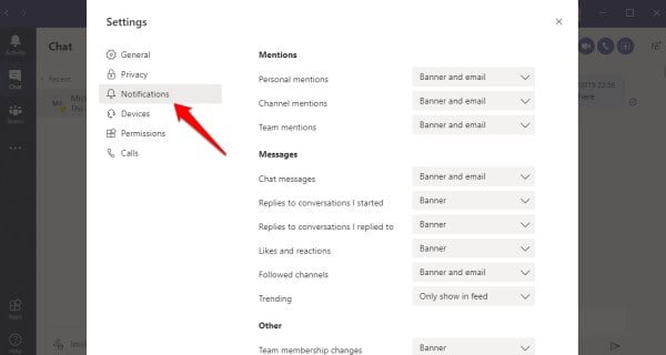 teams notification settings