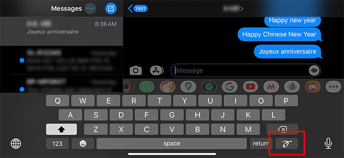 Handwriting keyboard on iMessage on iPhone