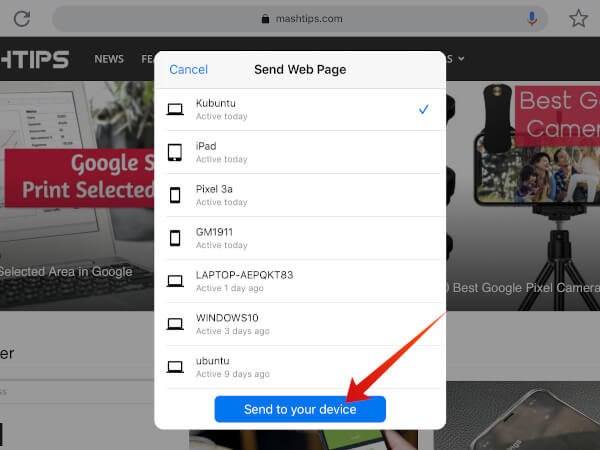 select device to send link from iPad