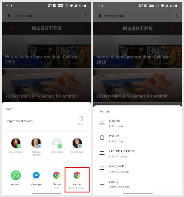 Send link from Chrome on Android to other devices