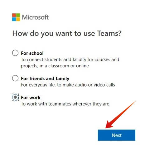 WIndows Microsoft Teams Select account type