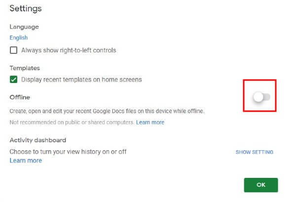 Windows Google Sheets offline settings