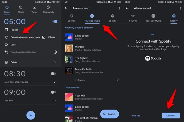 google clock spotify, yt music alarm