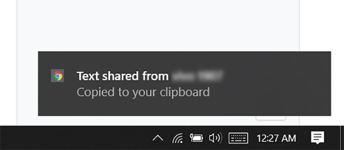 Clipboard Sync on Chrome Notification Windows 10