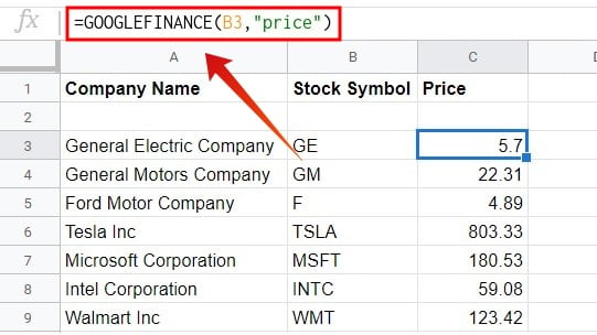 Google sheets get stock price