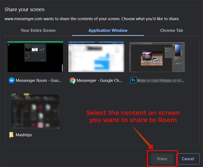 Select the Content and Share Your Screen on Messenger Rooms