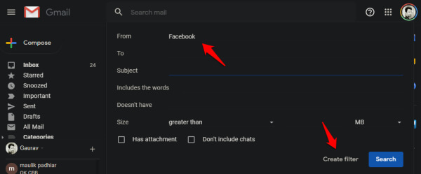 gmail filter by just name