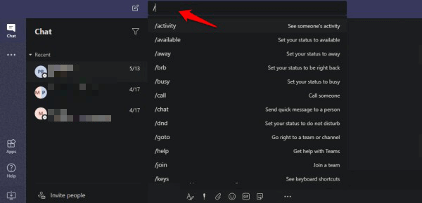 microsoft teams slash commands