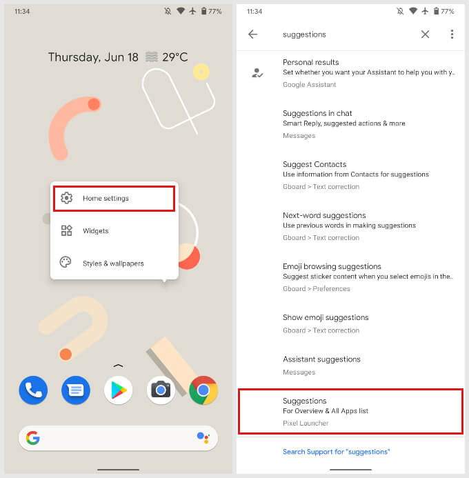 Pixel launcher suggestions settings