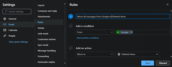 outlook rules with conditions and actions