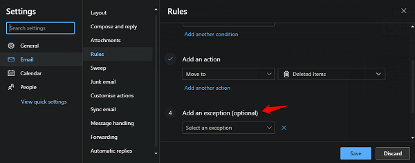 outlook rules exceptions