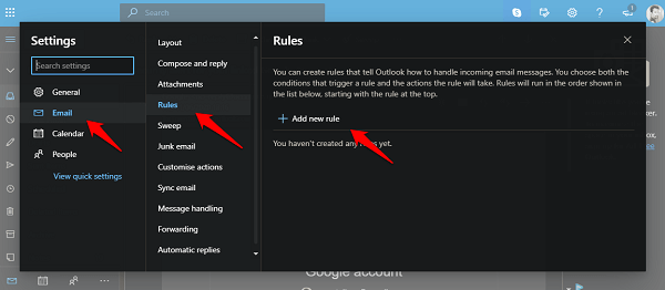 add rule in outlook from settings