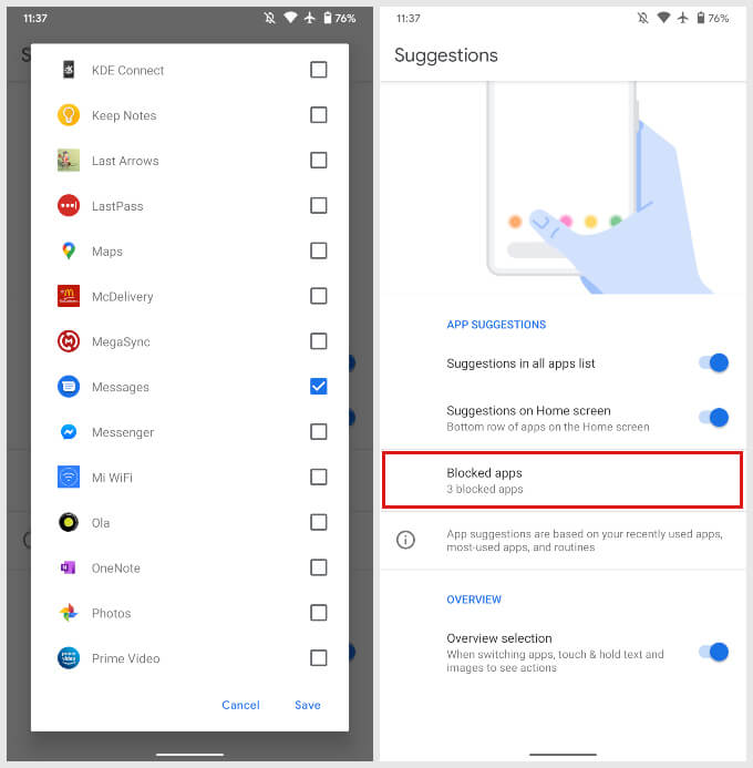 exclude apps from being suggested on Pixel launcher in Android 11