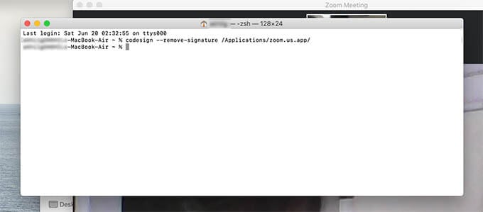 Removing Code Signature of Zoom App on mac from Terminal
