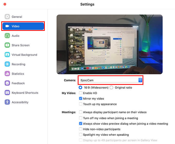 Select EpocCam as default Camera for Zoom Meet on Mac to use iPhone as a Webcam