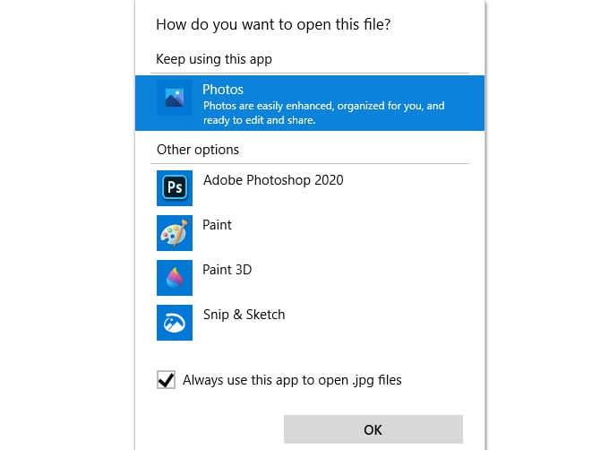 change Windows 10 default app for certain file type