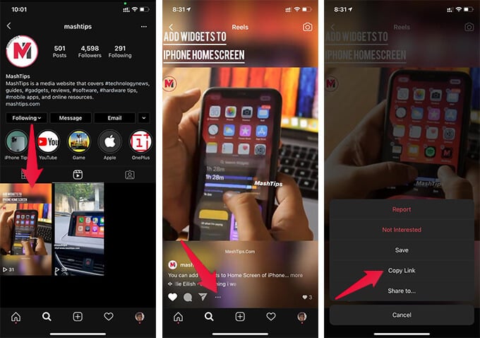 Copy Link to Instagram Reels Video for Downloading iOS