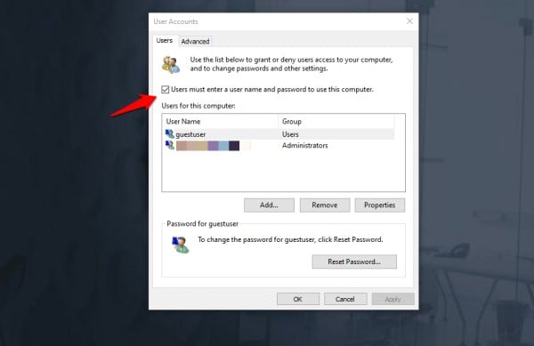 remove password option from any user account in windows 10