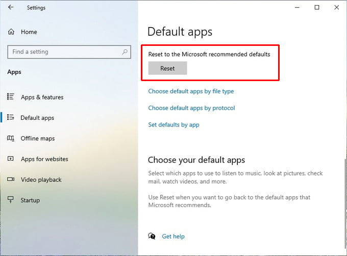 reset default apps on Windows 10