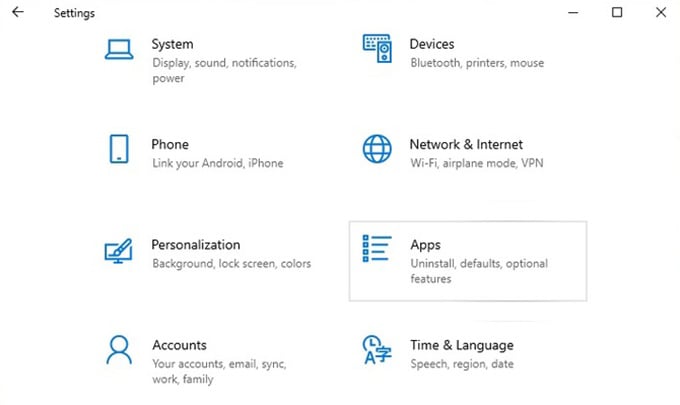 Windows 10 Settings Go to Apps