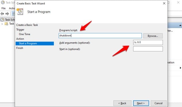 shutdown program and argument 