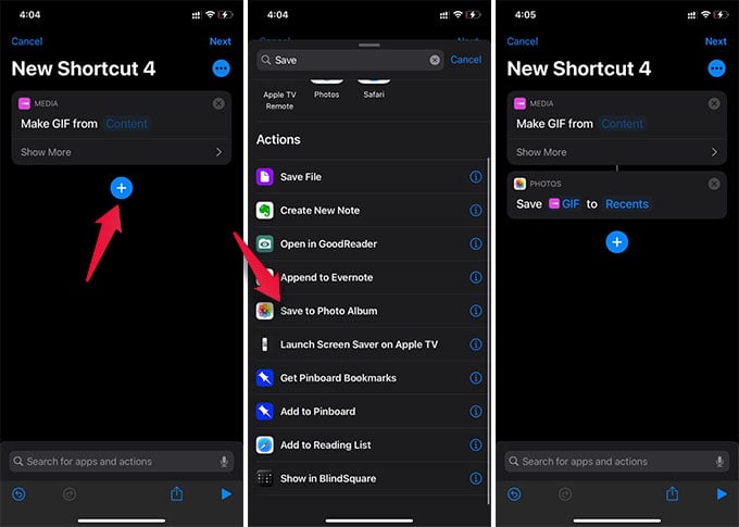 Add Save to Photo Album Action on Shortcut iPhone