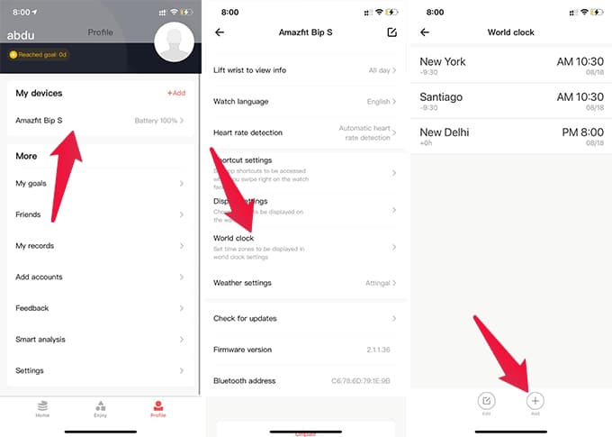 Amazfit Bip World Clock Adding Multiple Time Zone