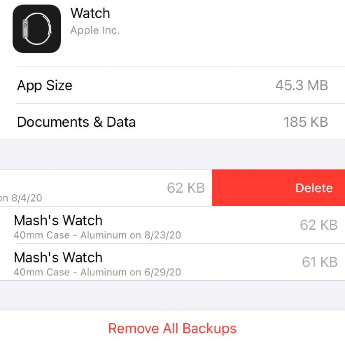 Apple Watch Backup Delete on iPhone