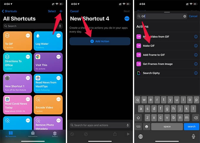 Create New Shortcut on iPhone with Make GIF action