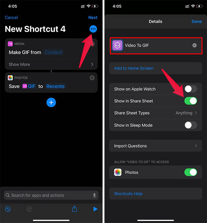 Enable Show in Share Sheet for iOS Shortcuts on iPhone