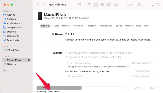 iPhone WiFi Mac Backup Progress