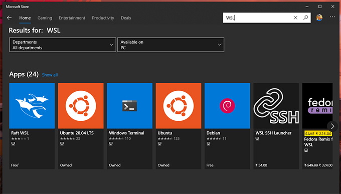 search wsl microsoft store