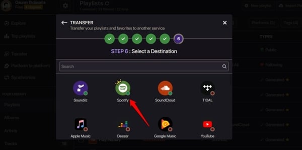 choose destination in soundiiz